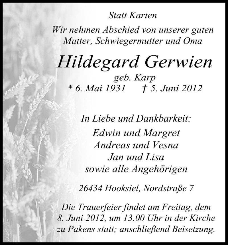  Traueranzeige für Hildegard Gerwien vom 06.06.2012 aus Wilhelmshavener Zeitung