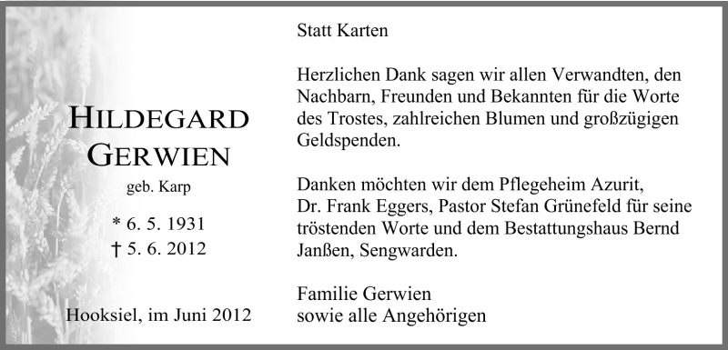 Traueranzeige für Hildegard Gerwien vom 23.06.2012 aus Wilhelmshavener Zeitung