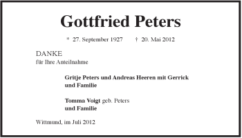 Traueranzeige von Gottfried Peters von Rhein-Zeitung
