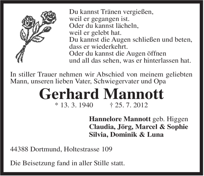  Traueranzeige für Gerhard Mannott vom 04.08.2012 aus Rhein-Zeitung
