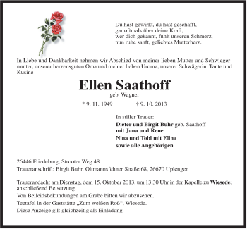 Traueranzeige von Ellen Saathoff von Rhein-Zeitung