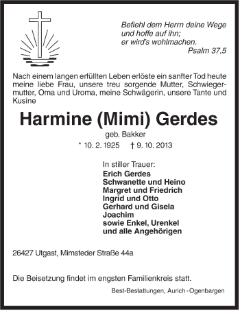 Traueranzeige von Harmine Gerdes von Rhein-Zeitung