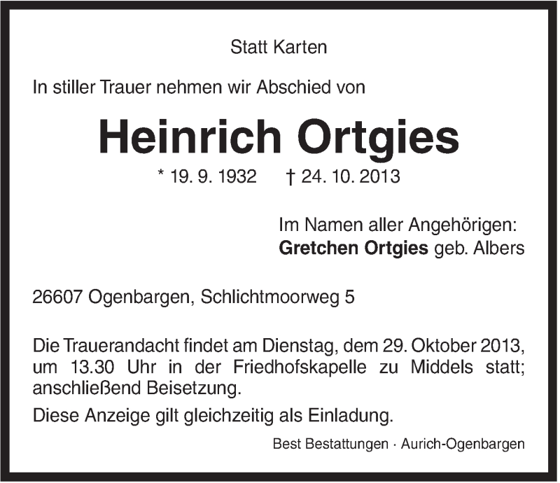 Traueranzeigen von Heinrich Ortgies nordwesttrauer.de