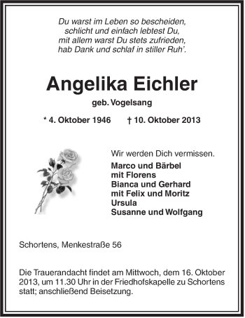 Traueranzeige von Angelika Eichler von Jeversches Wochenblatt