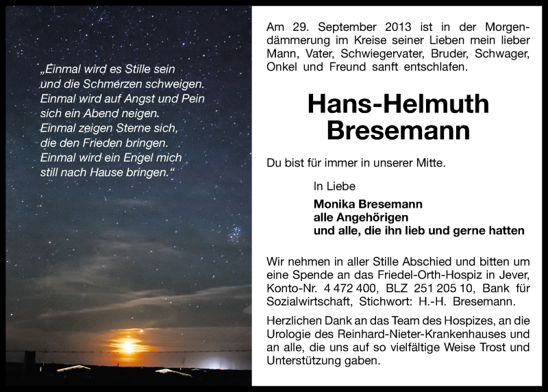  Traueranzeige für Hans-Helmuth Bresemann vom 05.10.2013 aus Wilhelmshavener Zeitung