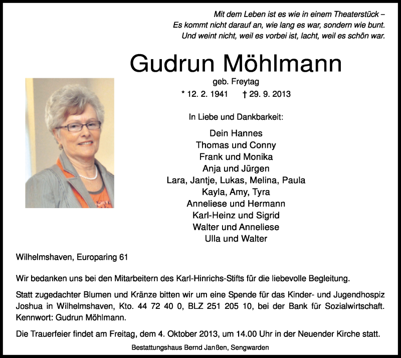 Traueranzeigen von Gudrun Möhlmann | nordwest-trauer.de