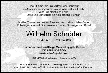 Traueranzeige von Wilhelm Schröder von Wilhelmshavener Zeitung