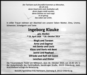 Traueranzeige von Ingeborg Klauke von Wilhelmshavener Zeitung