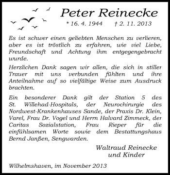 Traueranzeige von Peter Reinecke von Wilhelmshavener Zeitung