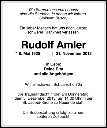 Traueranzeige von Rudolf Amler von Wilhelmshavener Zeitung