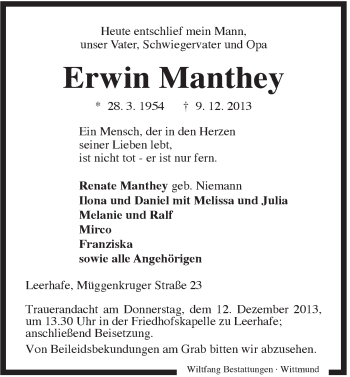 Traueranzeige von Erwin Manthey von Rhein-Zeitung