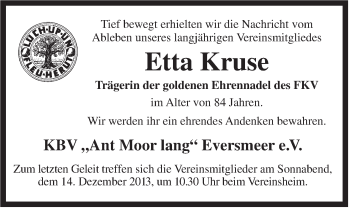 Traueranzeige von Etta Kruse von Rhein-Zeitung