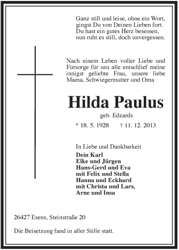 Traueranzeige von Hilda Paulus von Rhein-Zeitung