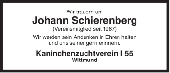Traueranzeige von Johann Schierenberg von Rhein-Zeitung