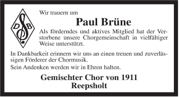 Traueranzeige von Paul Brüne von Rhein-Zeitung