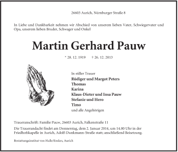 Traueranzeige von Martin Gerhard Pauw von Rhein-Zeitung