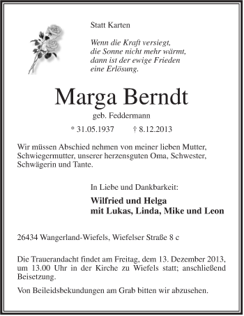 Traueranzeige von Marga Berndt von Jeversches Wochenblatt
