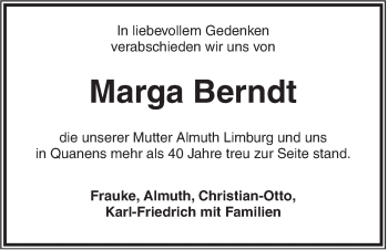 Traueranzeige von Marga Berndt von Jeversches Wochenblatt