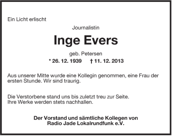 Traueranzeige von Inge Evers von Jeversches Wochenblatt