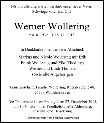 Traueranzeige von Werner Wollering von Wilhelmshavener Zeitung