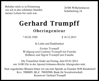Traueranzeige von Gerhard Trumpff von Wilhelmshavener Zeitung