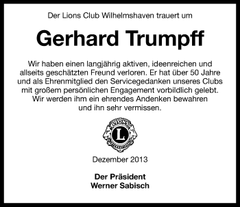 Traueranzeige von Gerhard Trumpff von Wilhelmshavener Zeitung