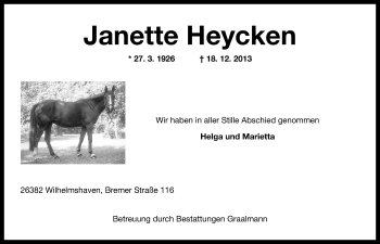 Traueranzeige von Janette Heycken von Wilhelmshavener Zeitung