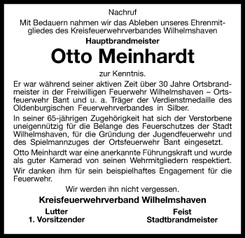 Traueranzeige von Otto Meinhardt von Wilhelmshavener Zeitung