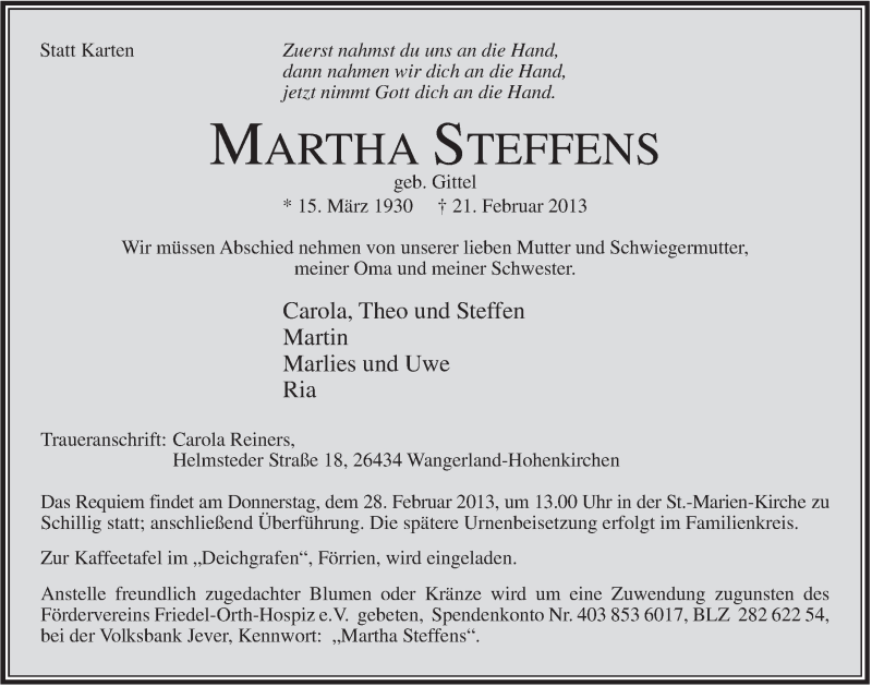  Traueranzeige für Martha Steffens vom 23.02.2013 aus Jeversches Wochenblatt