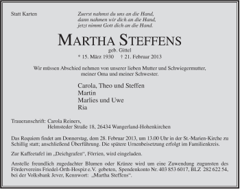 Traueranzeige von Martha Steffens von Jeversches Wochenblatt