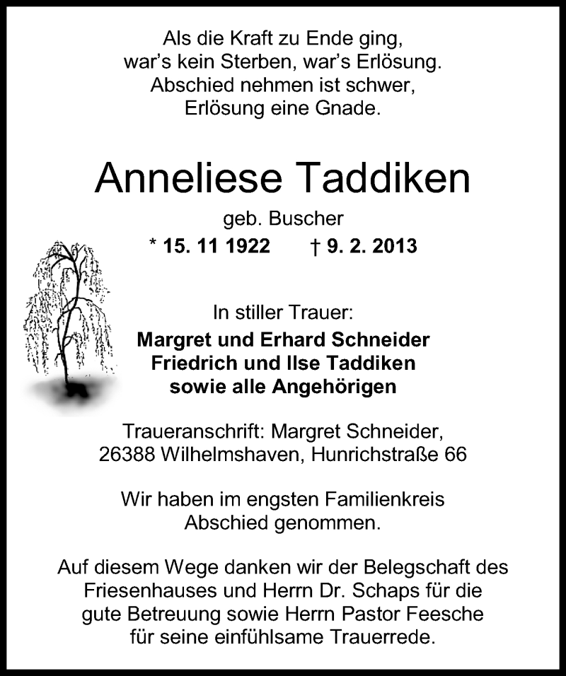  Traueranzeige für Anneliese Taddiken vom 18.02.2013 aus Wilhelmshavener Zeitung
