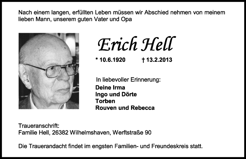  Traueranzeige für Erich Hell vom 16.02.2013 aus Wilhelmshavener Zeitung