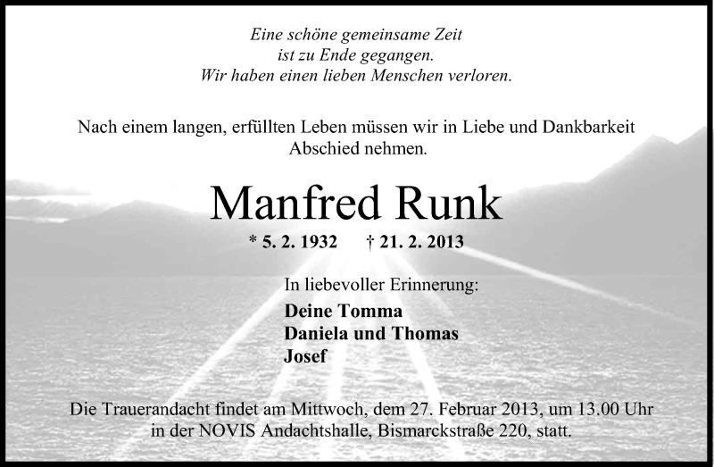  Traueranzeige für Manfred Runk vom 23.02.2013 aus Wilhelmshavener Zeitung