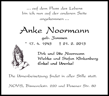 Traueranzeige von Anke Noormann von Wilhelmshavener Zeitung