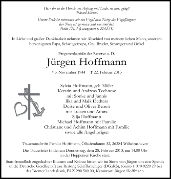 Traueranzeige von Jürgen Hoffmann von Wilhelmshavener Zeitung