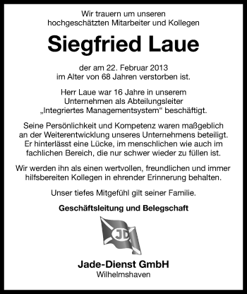 Traueranzeige von Siegfried Laue von Wilhelmshavener Zeitung