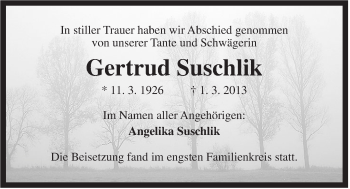 Traueranzeige von Gertrud Suschlik von Rhein-Zeitung