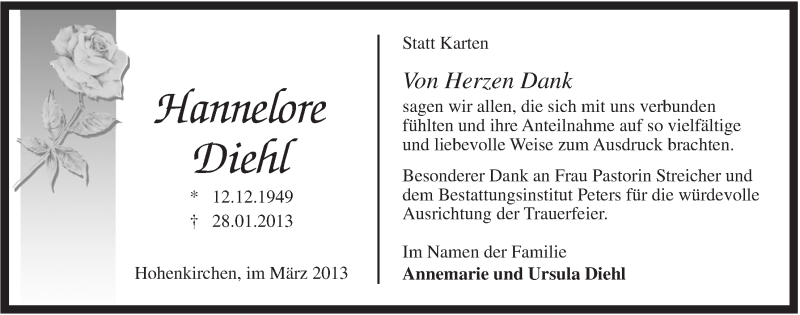  Traueranzeige für Hannelore Diehl vom 02.03.2013 aus Jeversches Wochenblatt