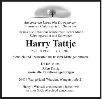 Traueranzeige von Harry Tattje von Jeversches Wochenblatt