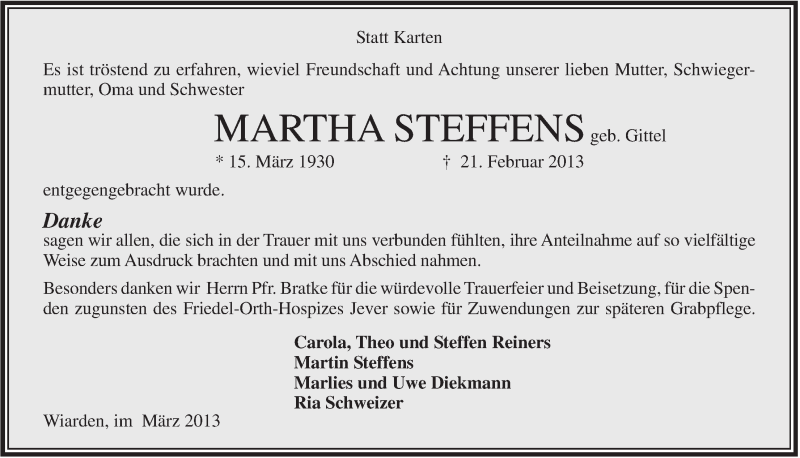  Traueranzeige für Martha Steffens vom 23.03.2013 aus Jeversches Wochenblatt