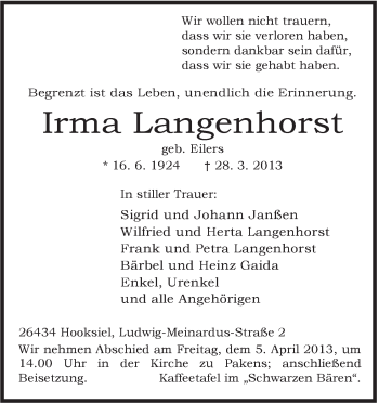 Traueranzeige von Irma Langenhorst von Jeversches Wochenblatt