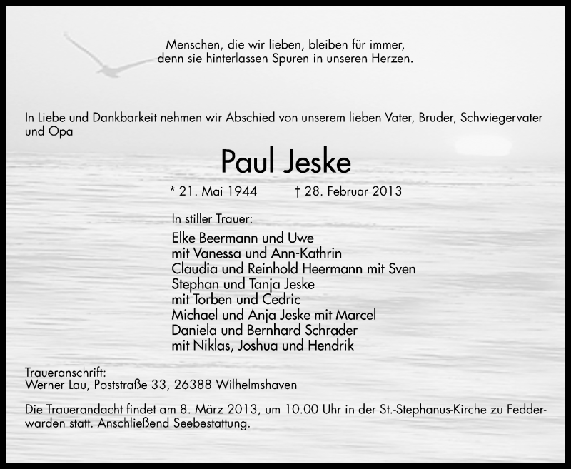  Traueranzeige für Paul Jeske vom 02.03.2013 aus Wilhelmshavener Zeitung