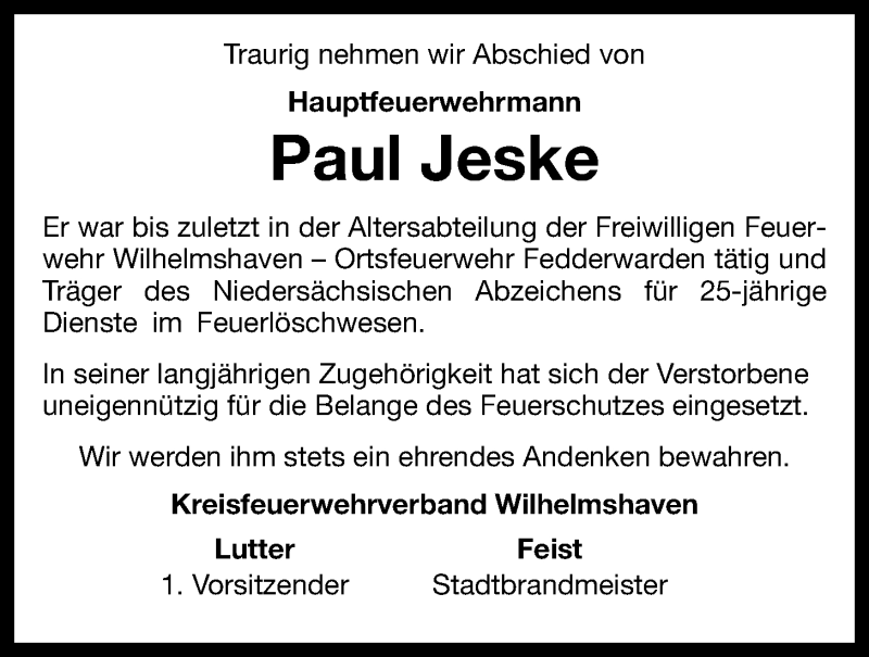  Traueranzeige für Paul Jeske vom 08.03.2013 aus Wilhelmshavener Zeitung