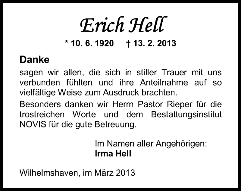  Traueranzeige für Erich Hell vom 09.03.2013 aus Wilhelmshavener Zeitung