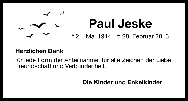  Traueranzeige für Paul Jeske vom 30.03.2013 aus Wilhelmshavener Zeitung