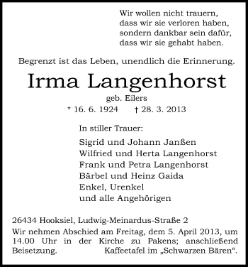 Traueranzeige von Irma Langenhorst von Wilhelmshavener Zeitung