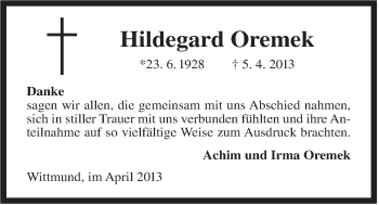 Traueranzeige von Hildegard Oremek von Rhein-Zeitung