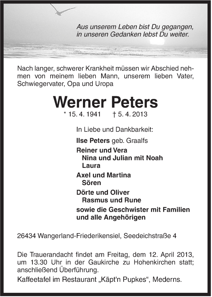  Traueranzeige für Werner Peters vom 08.04.2013 aus Jeversches Wochenblatt