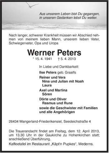 Traueranzeige von Werner Peters von Jeversches Wochenblatt
