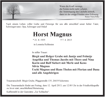 Traueranzeige von Horst Magnus von Jeversches Wochenblatt